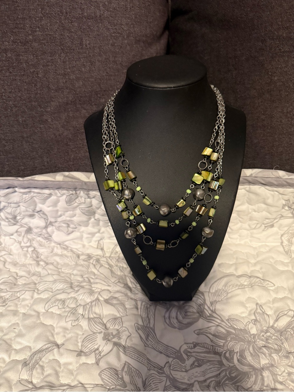 Multi-Strand Green and Silver Bead Necklace